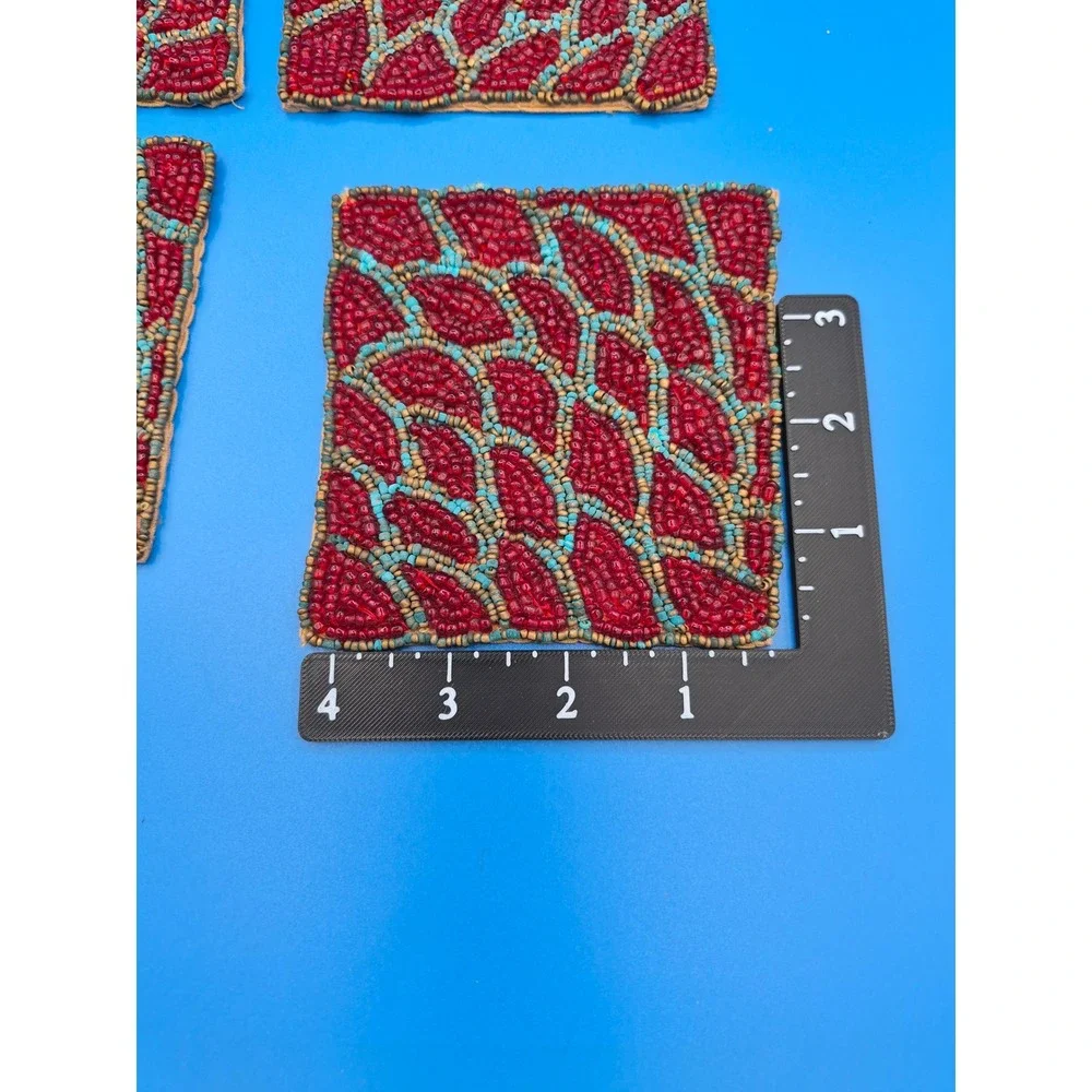 Vintage Beaded Coasters Set of 6 Red Turquoise Square Boho Table Decor